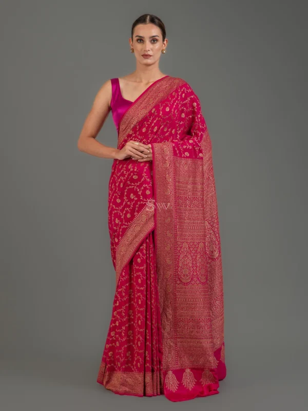 Rani pink Jaal Crepe Silk Handloom Banarasi Saree