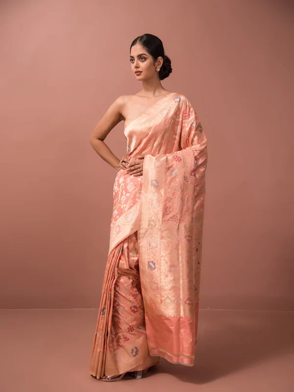 Peach Meenakari Katan Silk Handloom Banarasi Saree